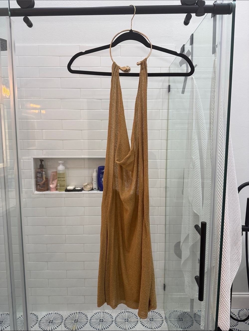 PrettyLittleThing gold shimmer halter dress